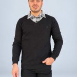 بلوز یقه پیراهنی مردانه رنگ مشکی با پارچه سلانیک، طراحی دو یقه و پیراهن چهارخانه متصل