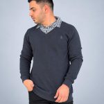بلوز بافت یقه پیراهنی مردانه رنگ طوسی آبی با پارچه سلانیک، مدل دو یقه و یقه پیراهن چهارخانه
