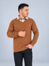 بلوز بافت یقه پیراهنی مردانه رنگ شتری با پارچه سلانیک، طراحی دو یقه و یقه پیراهنی چهارخانه