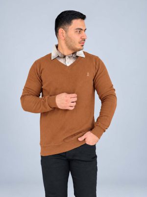 بلوز بافت یقه پیراهنی مردانه رنگ شتری با پارچه سلانیک، طراحی دو یقه و یقه پیراهنی چهارخانه