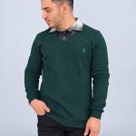 بلوز بافت یقه پیراهنی مردانه رنگ کله‌غازی تیره با پارچه سلانیک، طراحی دو یقه و نمای پیراهن چهارخانه