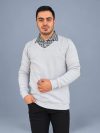بلوز بافت یقه پیراهنی مردانه رنگ طوسی روشن با پارچه سلانیک و طراحی دو یقه چهارخانه