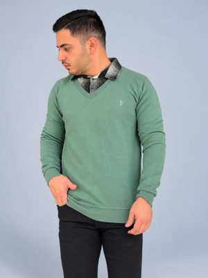 بلوز بافت یقه پیراهنی مردانه رنگ سدری با پارچه سلانیک، مدل دو یقه و یقه پیراهن پشمی چهارخانه