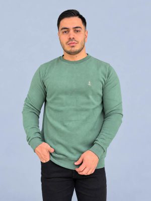 بلوز بافت سلانیک مردانه یقه گرد رنگ سدری با طراحی ساده و گلدوزی روی سینه