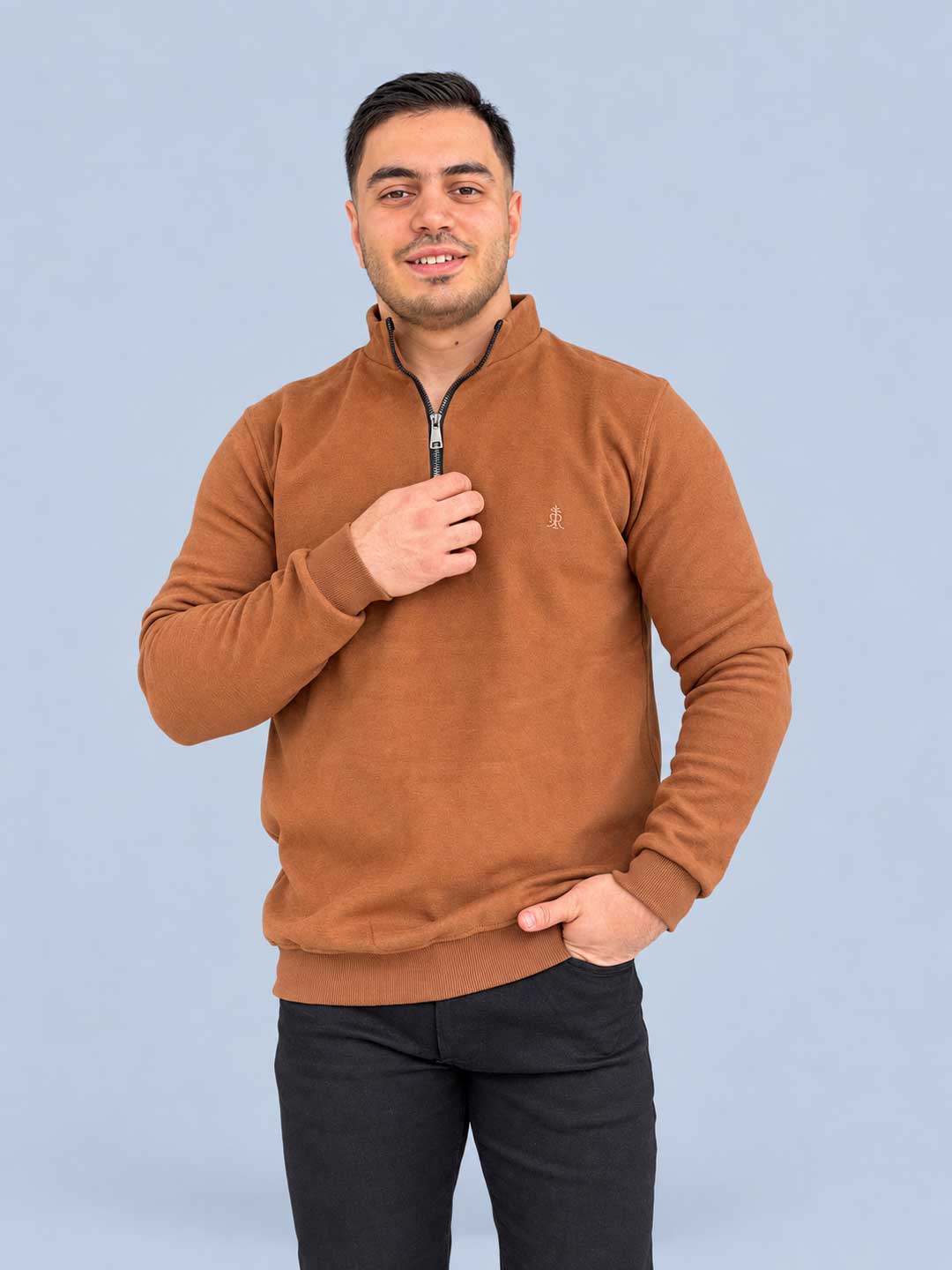 mens-selanik-half-zip-sweater-camel-front بلوز نیم زیپ مردانه سلانیک شتری نمای جلو